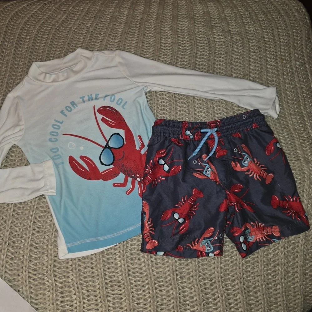 Carter's Boy's Lobster Swim Trunks & Rash Guard Size 2T toddler Beach Pool